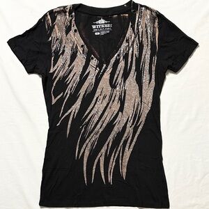 Witness Black S/S V-Neck T-Shirt w/Grommets, Beige/Silver Wing Graphics - XL
